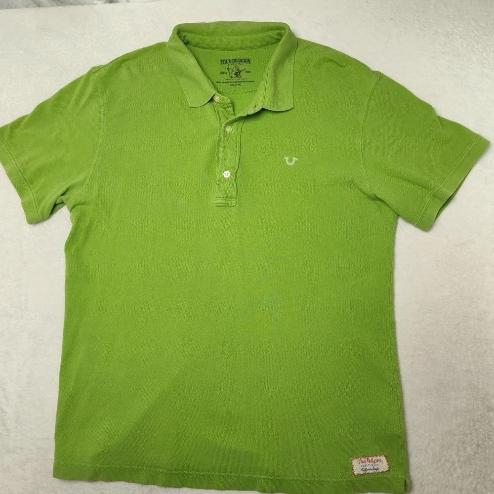 True Religion‎ Polo Shirt Mens 2XL Green Pique Cotton Short Sleeve Collared Logo